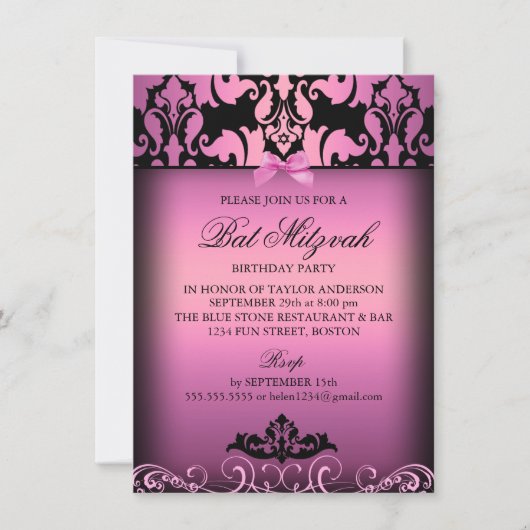 Invitation de la fête Bat mitzvah rose Elegant Dam (Devant)