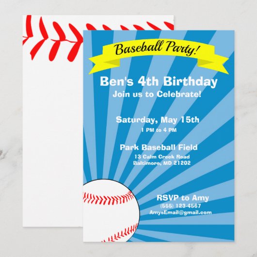 Invitation de la fête d'anniversaire de baseball (Devant / Derrière)