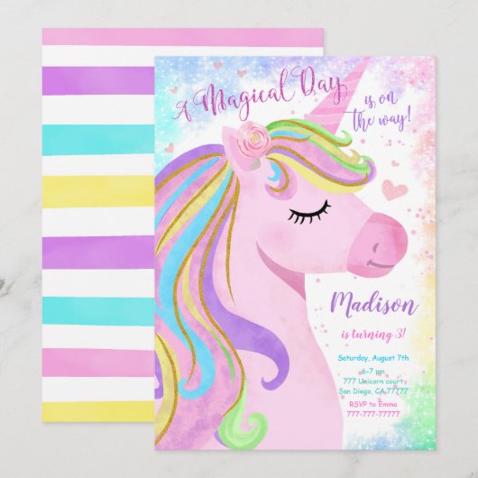 Invitation de la fête d'anniversaire de la Unicorn (Devant / Derrière)