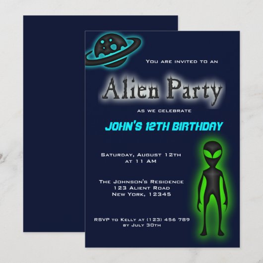 Invitation de la fête d'anniversaire des Aliens su (Devant / Derrière)