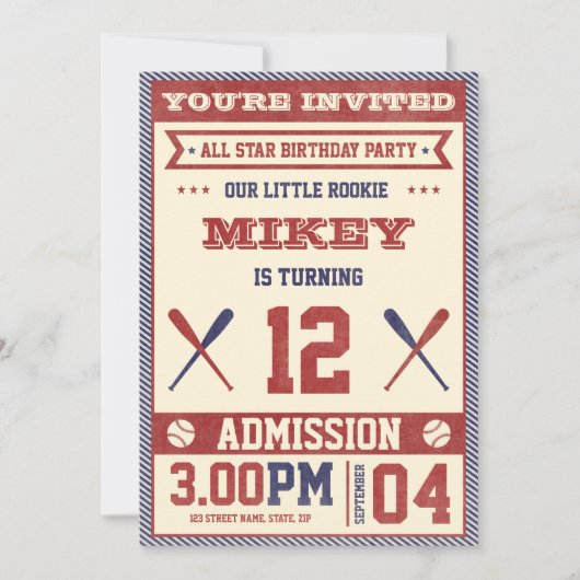 Invitation de la fête d'anniversaire du baseball v (Devant)