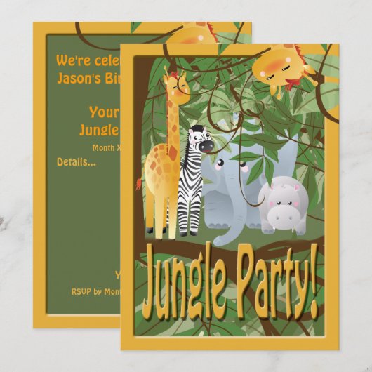 Invitation de la fête d'anniversaire Jungle Animal (Devant / Derrière)