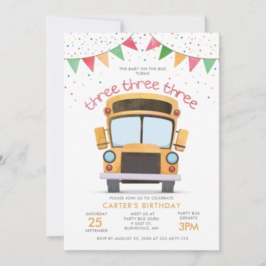 Invitation de la fête d'autobus du 3e anniversaire (Devant)