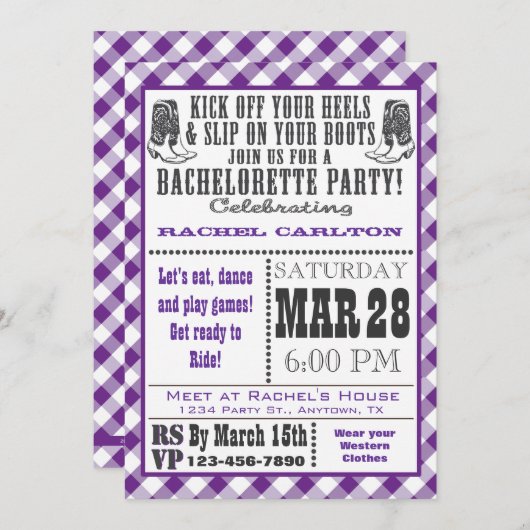 Invitation de la fête de bachelorette En vichy pou (Devant / Derrière)