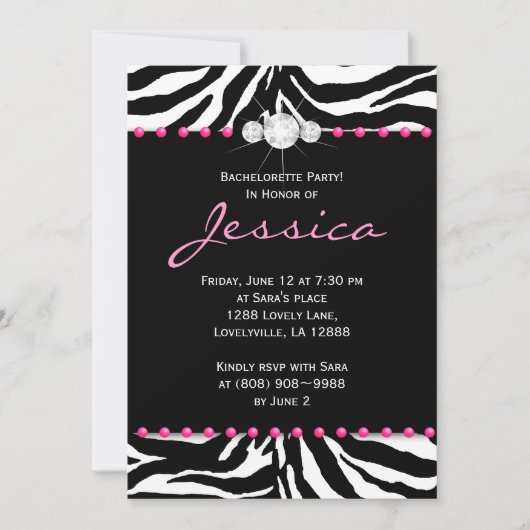 Invitation de la fête de bachelorette Zebra Pink J (Devant)