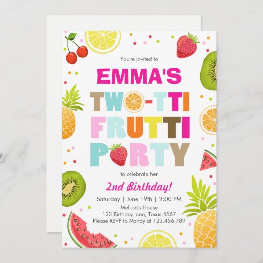 Invitation de la fête de deux tti frutti Tutti fru (Devant / Derrière)