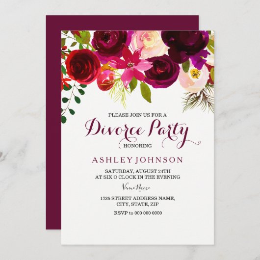 Invitation de la fête de divorce Boho Floral Rouge (Devant / Derrière)