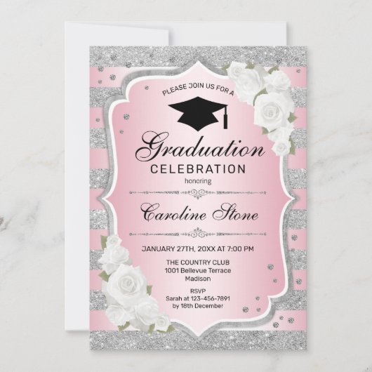 Invitation de la fête de graduation - Argent rose (Devant)