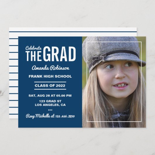 Invitation de la fête de graduation bleu et blanc (Devant / Derrière)