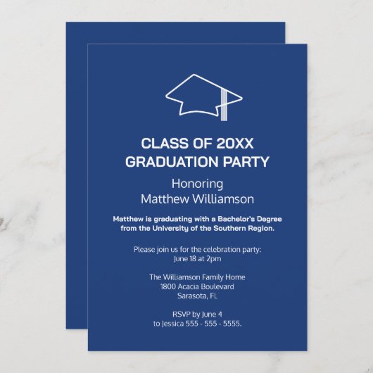 Invitation de la fête de graduation en bleu foncé (Devant / Derrière)