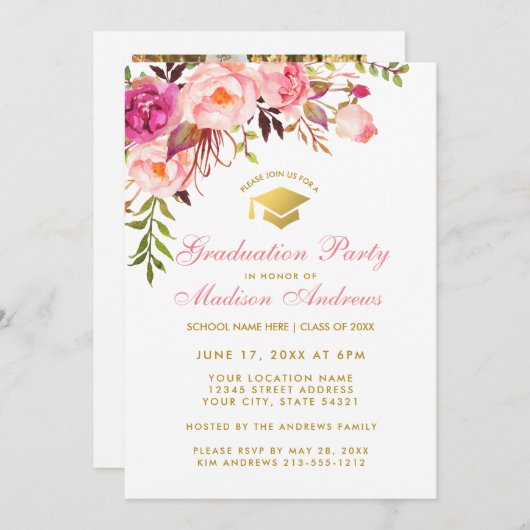 Invitation de la fête de graduation en fleurs rose (Devant / Derrière)