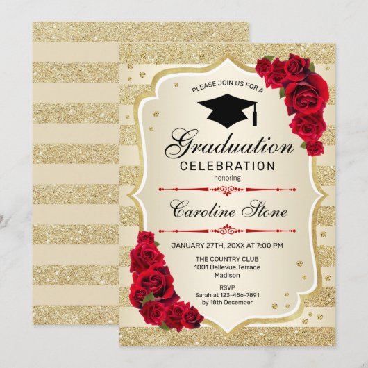 Invitation de la fête de graduation - Gold Red (Devant / Derrière)