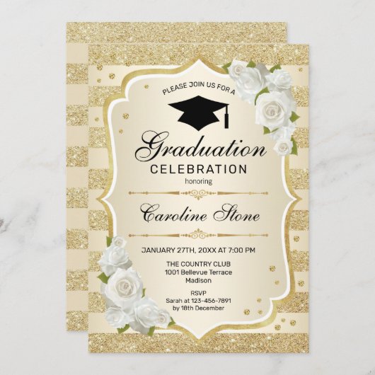 Invitation de la fête de graduation - Gold White (Devant / Derrière)