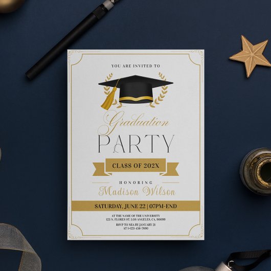 Invitation de la fête de graduation or et blanc