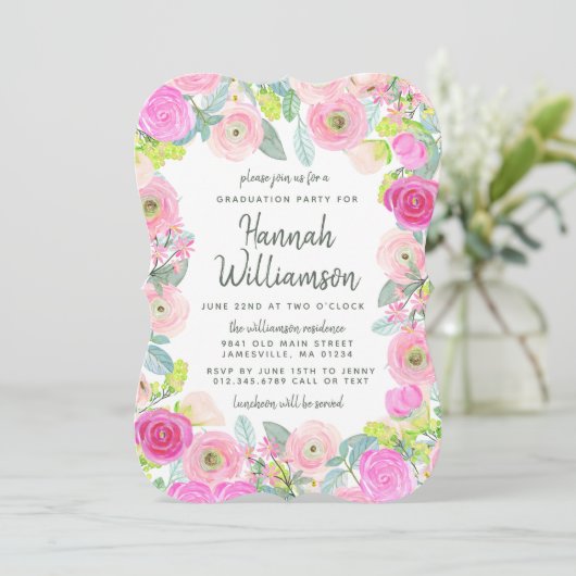Invitation de la fête de graduation rose florale e (Debout devant)