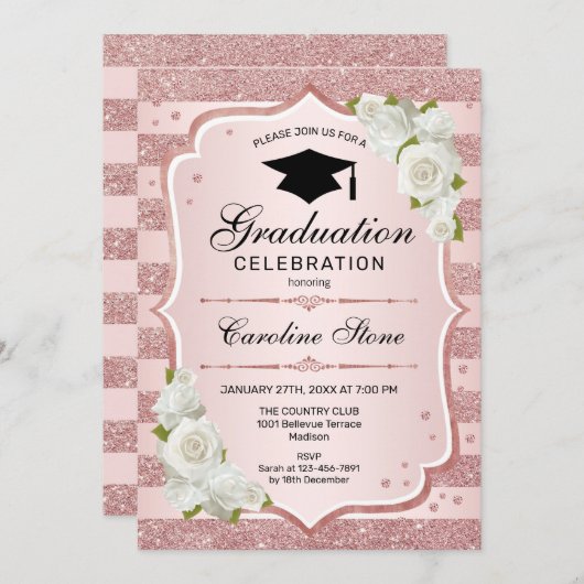 Invitation de la fête de graduation - Rose Gold Wh (Devant / Derrière)