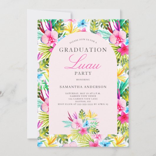Invitation de la fête de graduation rose tropicale (Devant)