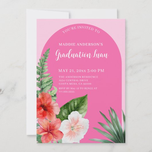 Invitation de la fête de graduation rose tropicale (Devant)