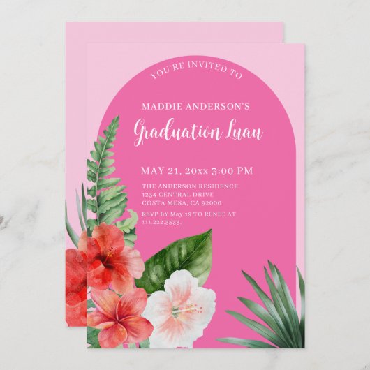 Invitation de la fête de graduation rose tropicale (Devant / Derrière)