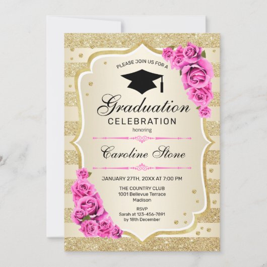 Invitation de la fête de graduation - Roses roses  (Devant)