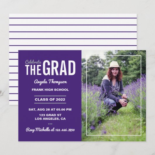 Invitation de la fête de graduation violet et blan (Devant / Derrière)