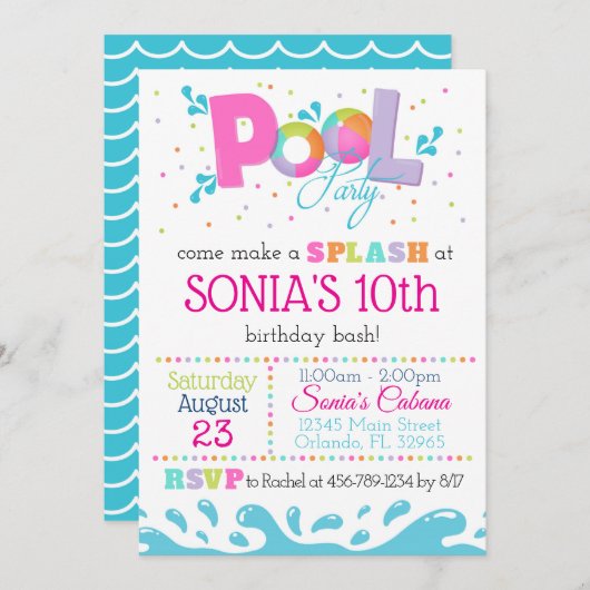 Invitation de la fête de la piscine d'anniversaire (Devant / Derrière)