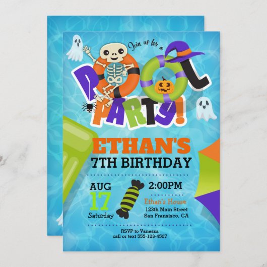 Invitation de la fête de la piscine d'Halloween (Devant / Derrière)