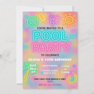 Invitation de la fête de la piscine Neon pour enfa