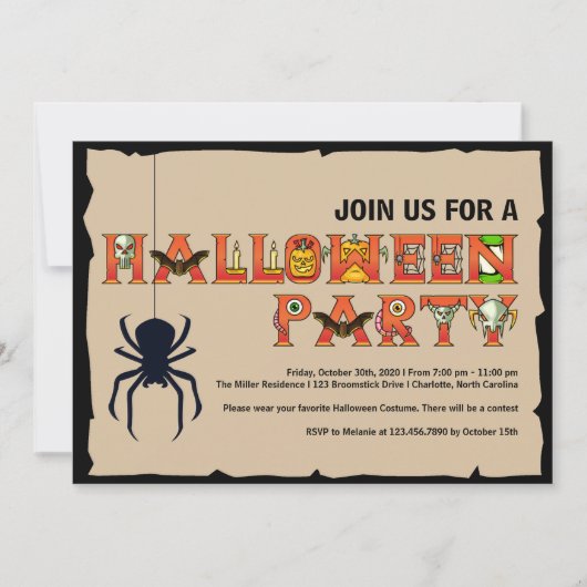 Invitation de la fête de lettres Halloween (Devant)