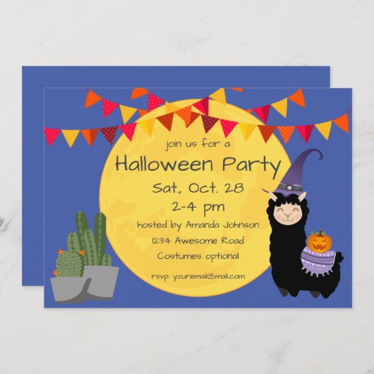 Invitation de la fête de Llama Halloween (Devant / Derrière)
