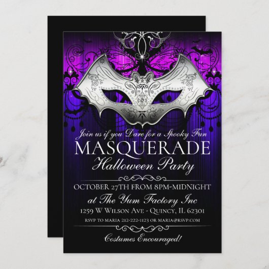 Invitation de la fête de Masquerade de la chauve-s (Devant / Derrière)