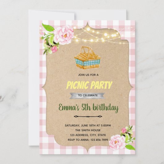 Invitation de la fête de pique-nique rose (Devant)