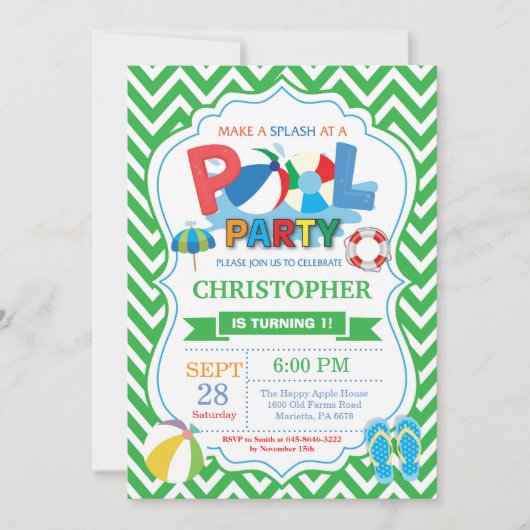 Invitation de la fête de piscine Green Splish Spla (Devant)