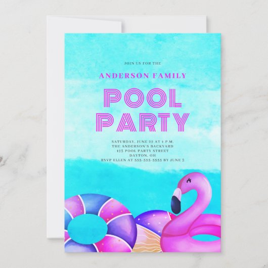Invitation de la fête de piscine rose (Devant)