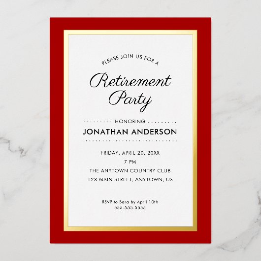 Invitation de la fête de retraite Red et Gold Foil (Recto)