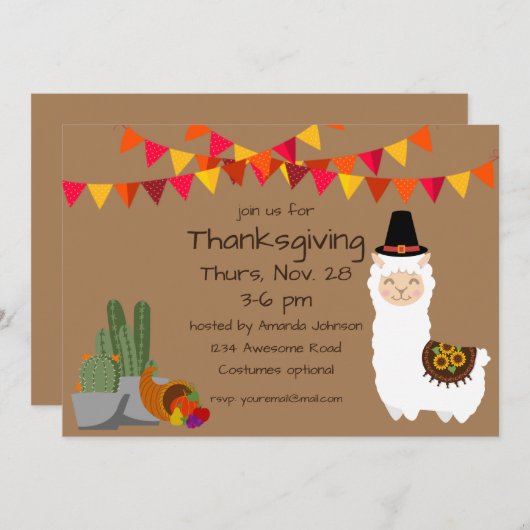 Invitation de la fête de Thanksgiving Llama (Devant / Derrière)