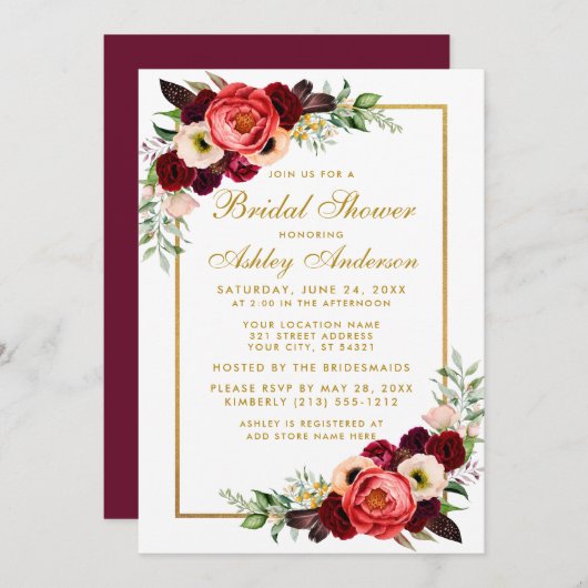 Invitation de la Fête des mariées de Boho Floral d (Devant / Derrière)
