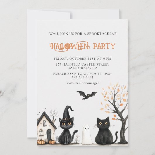 Invitation de la fête d'Halloween Chats noirs (Devant)