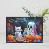 Invitation de la fête d'Halloween Ghost et Kitten (Debout devant)