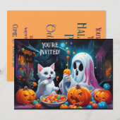 Invitation de la fête d'Halloween Ghost et Kitten (Devant / Derrière)