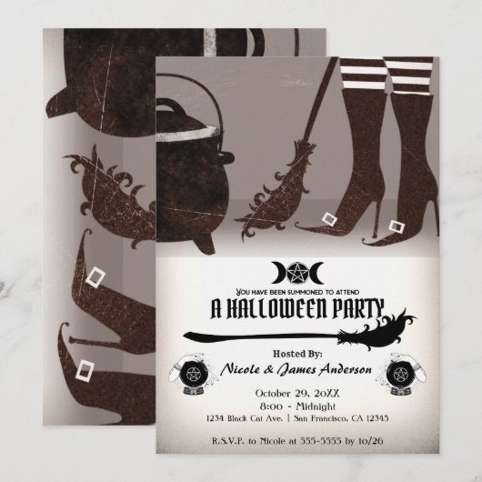 Invitation de la fête d'Halloween sorcière vintage (Devant / Derrière)