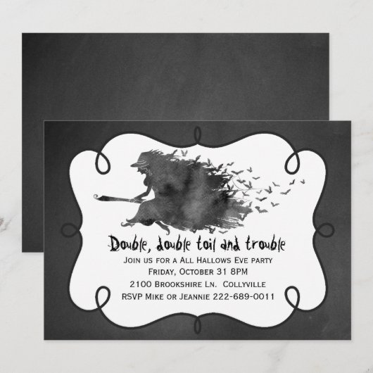 Invitation de la fête d'Halloween Sorcière volant (Devant / Derrière)