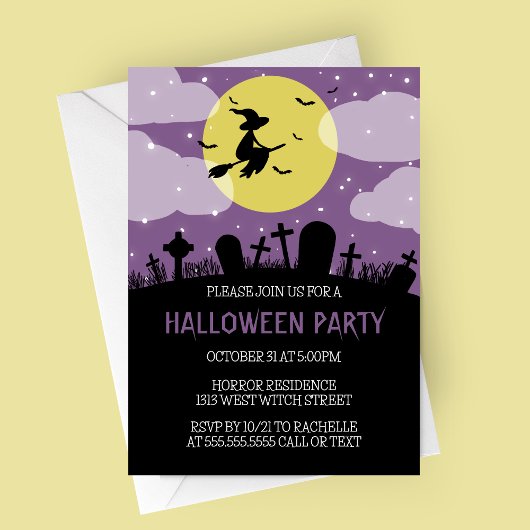 Invitation de la fête d'Halloween Sorcière volant