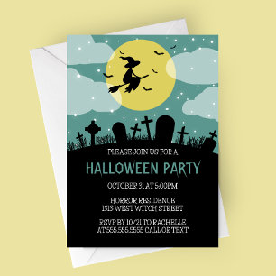 Invitation de la fête d'Halloween Sorcière volant