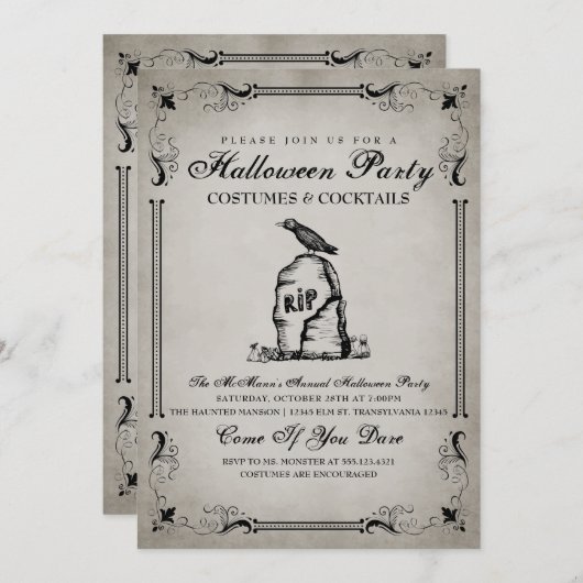 Invitation de la fête d'Halloween vintage (Devant / Derrière)