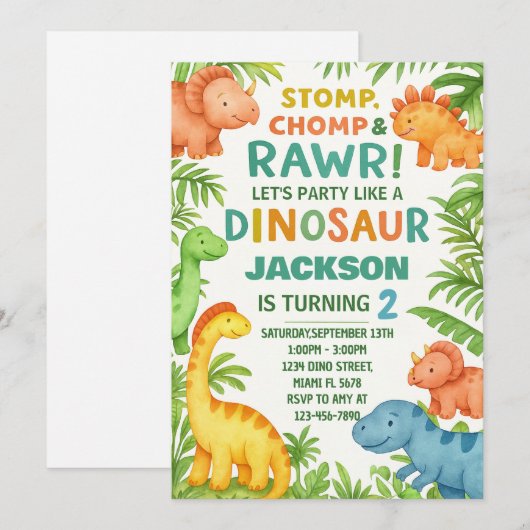 Invitation de la fête Dino modifiable (Devant / Derrière)