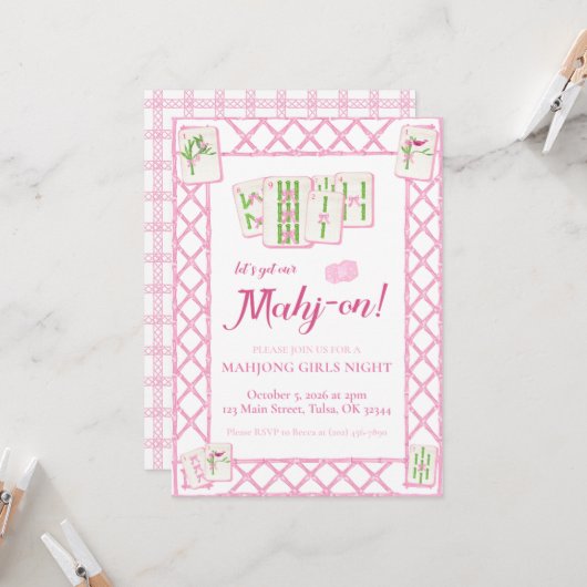 Invitation de la fête du Mahjong, coquette rose ve (Devant/Arrière en situation)