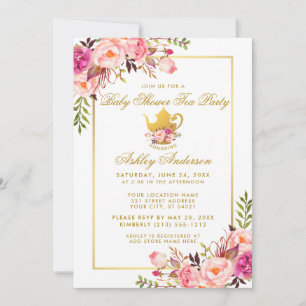 Invitation de la fête du thé Baby shower rose or