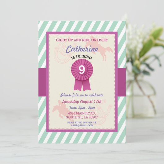 Invitation de la fête équitation Stripe Mint Invit (Debout devant)