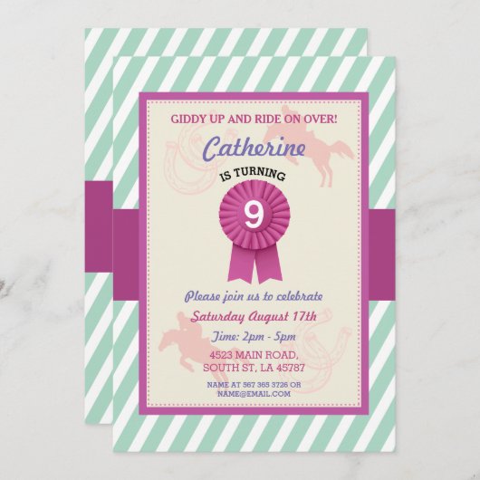 Invitation de la fête équitation Stripe Mint Invit (Devant / Derrière)